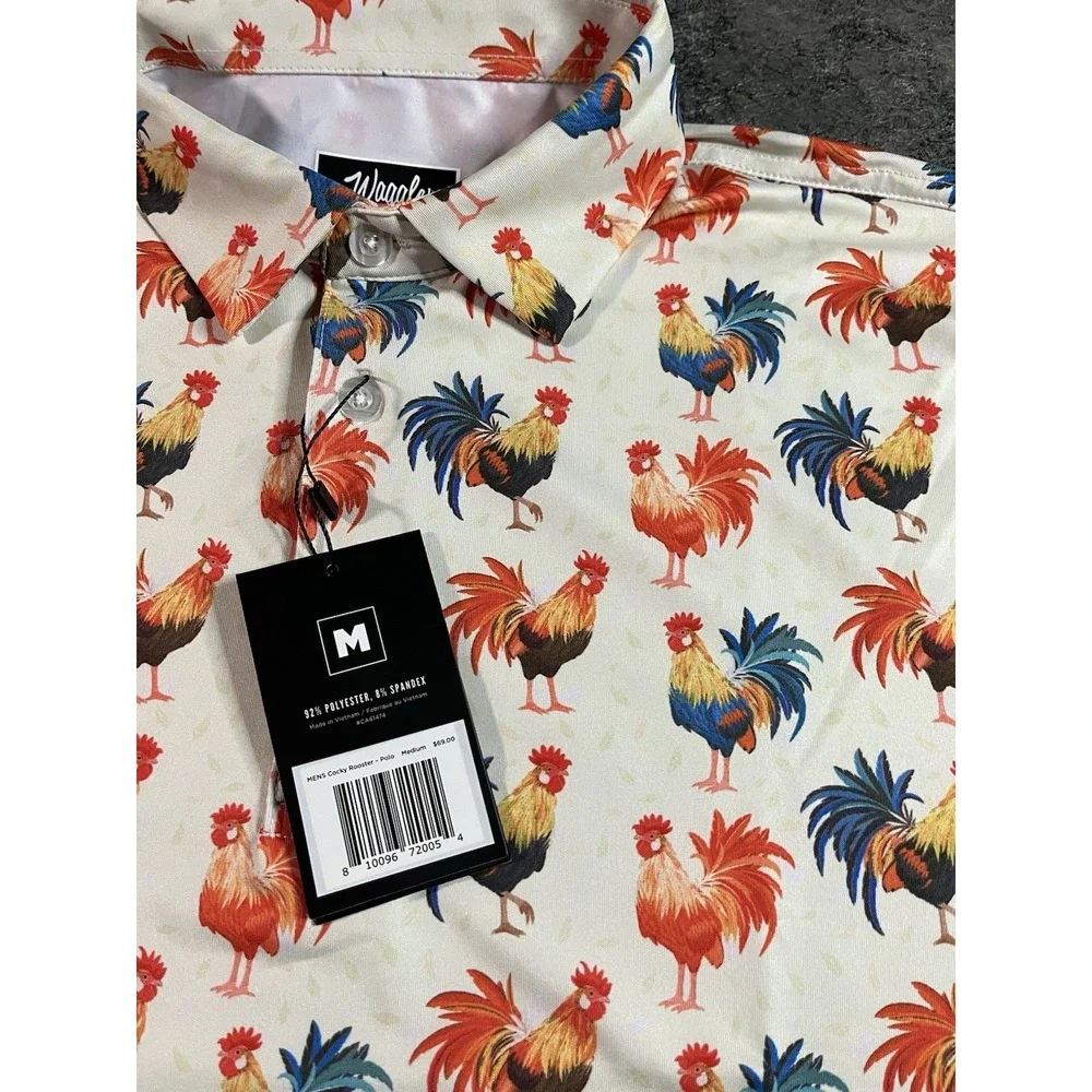 Waggle Golf Polo Shirt Mens Medium Cocky Rooster Print AOP Performance - NWT - Picture 3 of 8